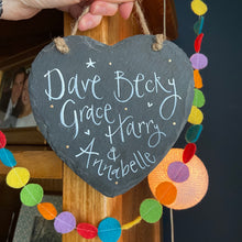 Load image into Gallery viewer, Family names slate heart decoration - The Illustrated Tree Co
