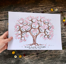 Load image into Gallery viewer, Cherry Blossom Anniversary Tree for 3 siblings - The Illustrated Tree Co

