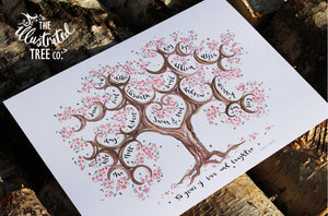 Cherry Blossom Anniversary Tree for 4 siblings or 2 siblings with partners - The Illustrated Tree Co