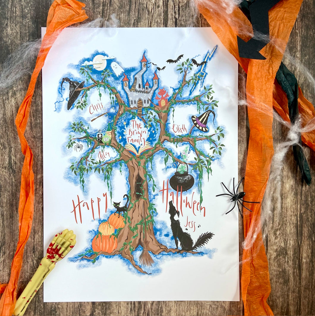Magical Halloween Themed Family Tree - The Illustrated Tree Co