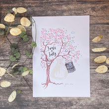Load image into Gallery viewer, Pink Blossom Wedding Gift, grey or navy kilt and bridal gown - The Illustrated Tree Co
