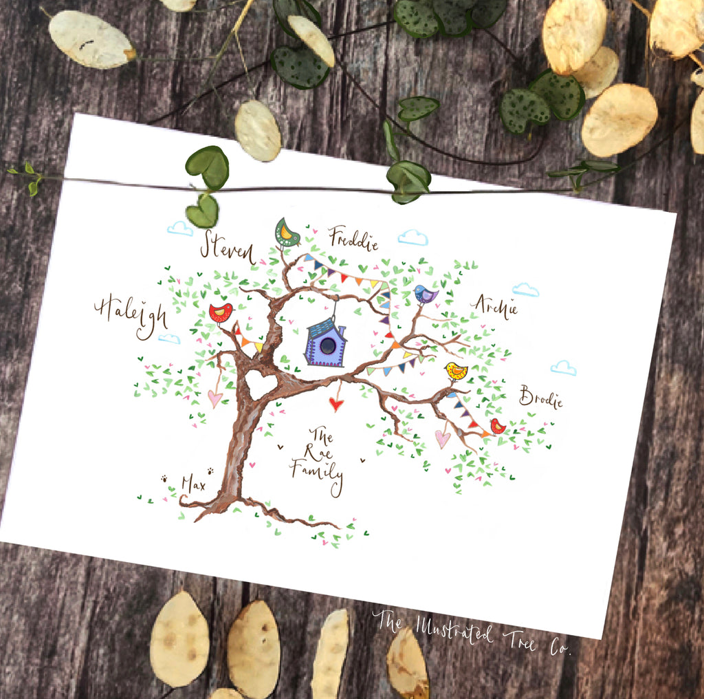 Colourful Bird Lovers Family Tree - The Illustrated Tree Co