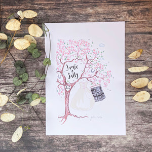 Pink Blossom Wedding Gift, grey or navy kilt and bridal gown - The Illustrated Tree Co